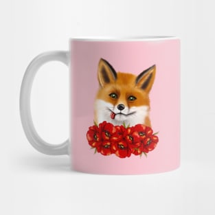 Cute face of a fox with red poppies. Mug